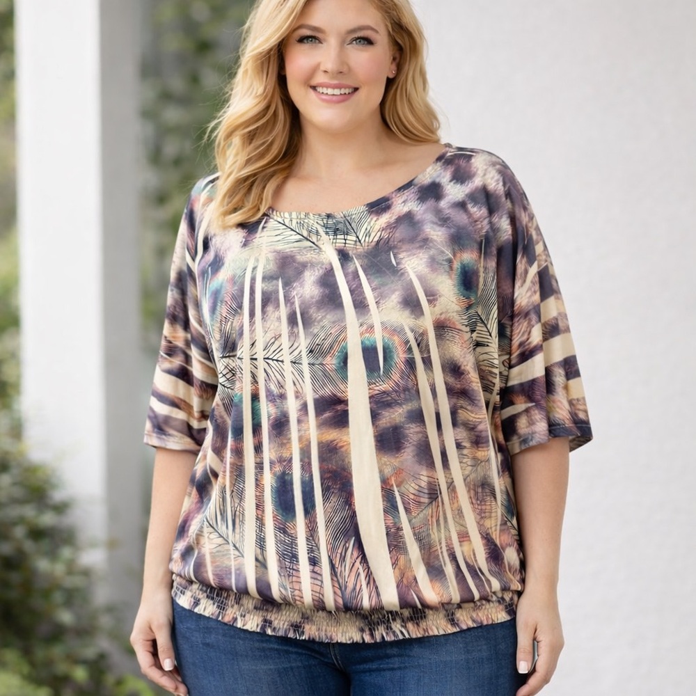 Addition Elle Peacock Feather Print Dolman Blouse Size 0X Boho Elastic Hem Top